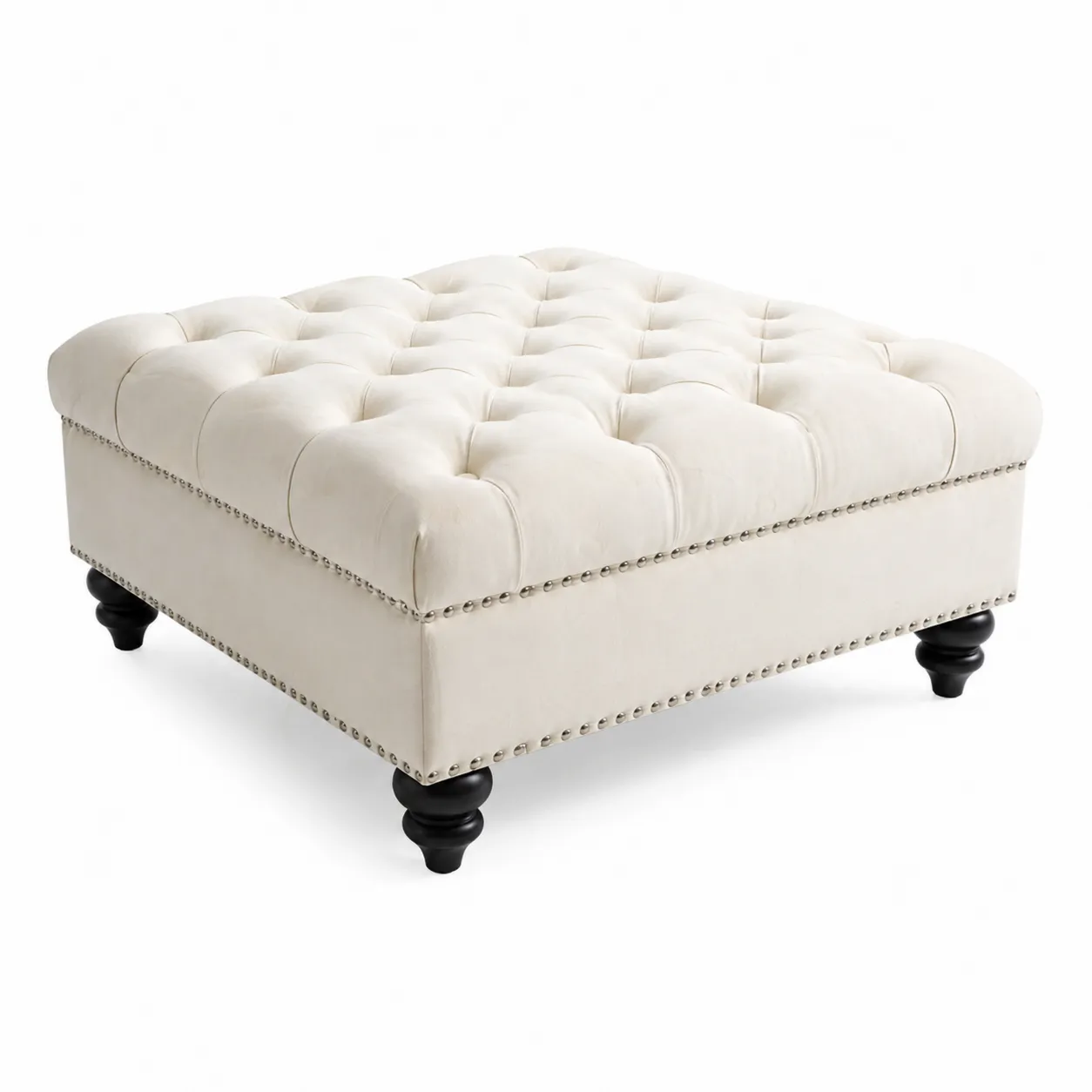Pouf en Velours Crème avec Boutons 90x90x45 cm-Solvicar
