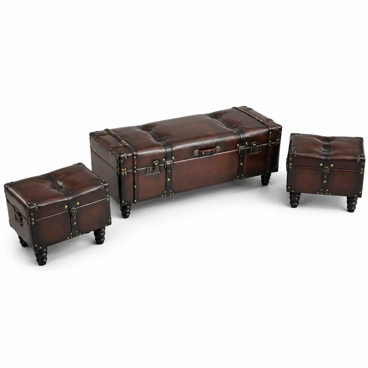 Ensemble de coffres bois et cuir Marron avec rangement-Solvicar