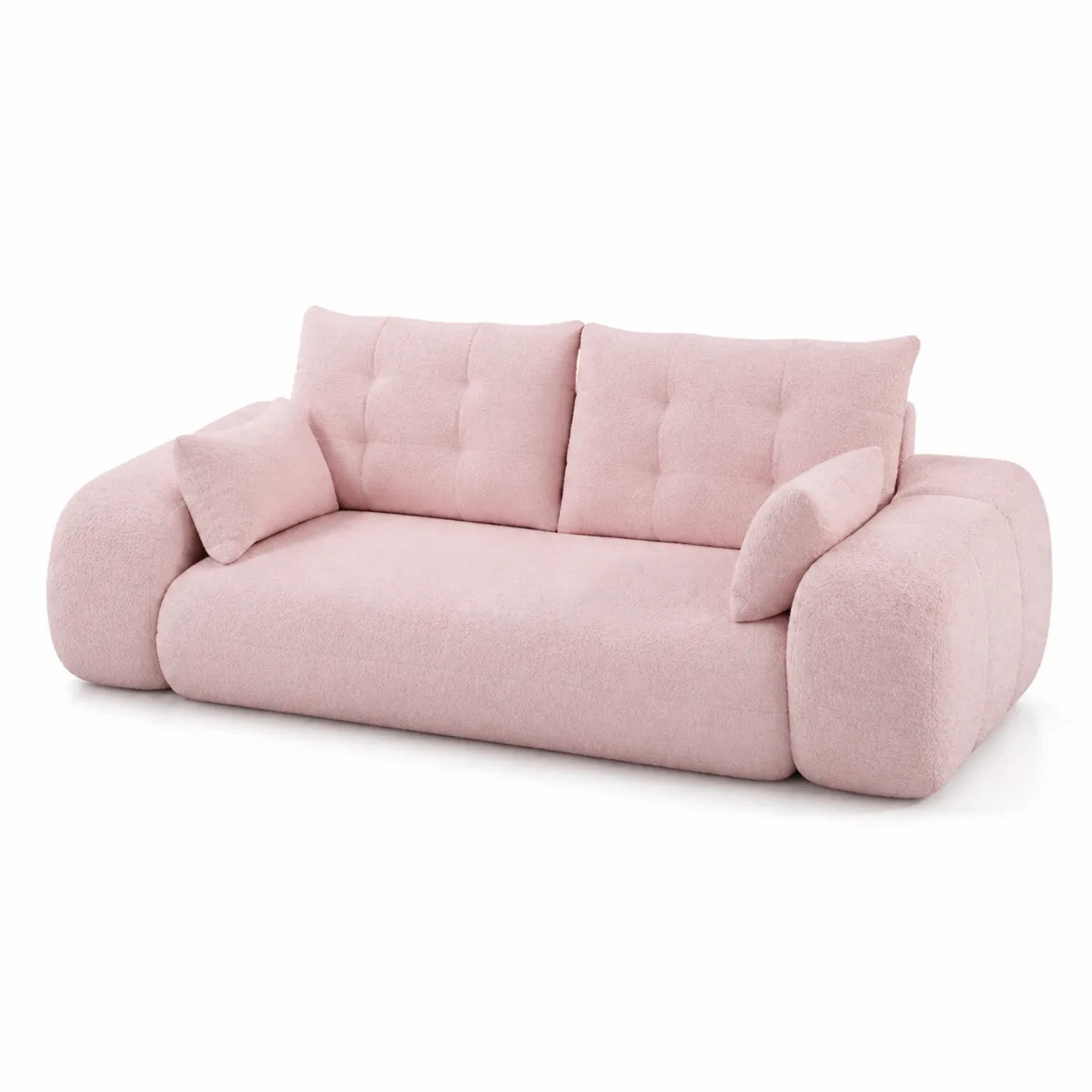 Canapé 3 places en tissu bouclé rose, coussins inclus, 200 cm-Solvicar