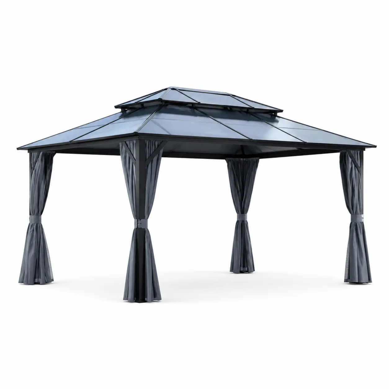 Pavillon de jardin en aluminium avec toit en polycarbonate et rideaux en polyester 3m x 4m-Solvicar