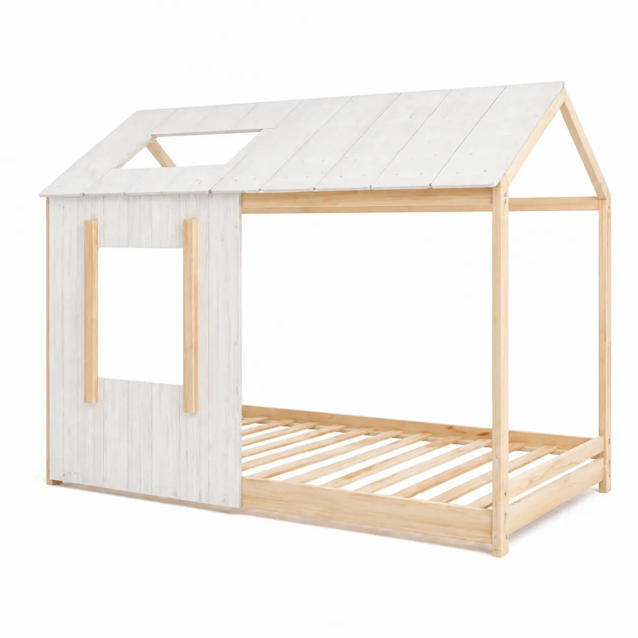 Lit cabane en bois avec toit pour enfant 200x90 cm Blanc et Naturel-Solvicar