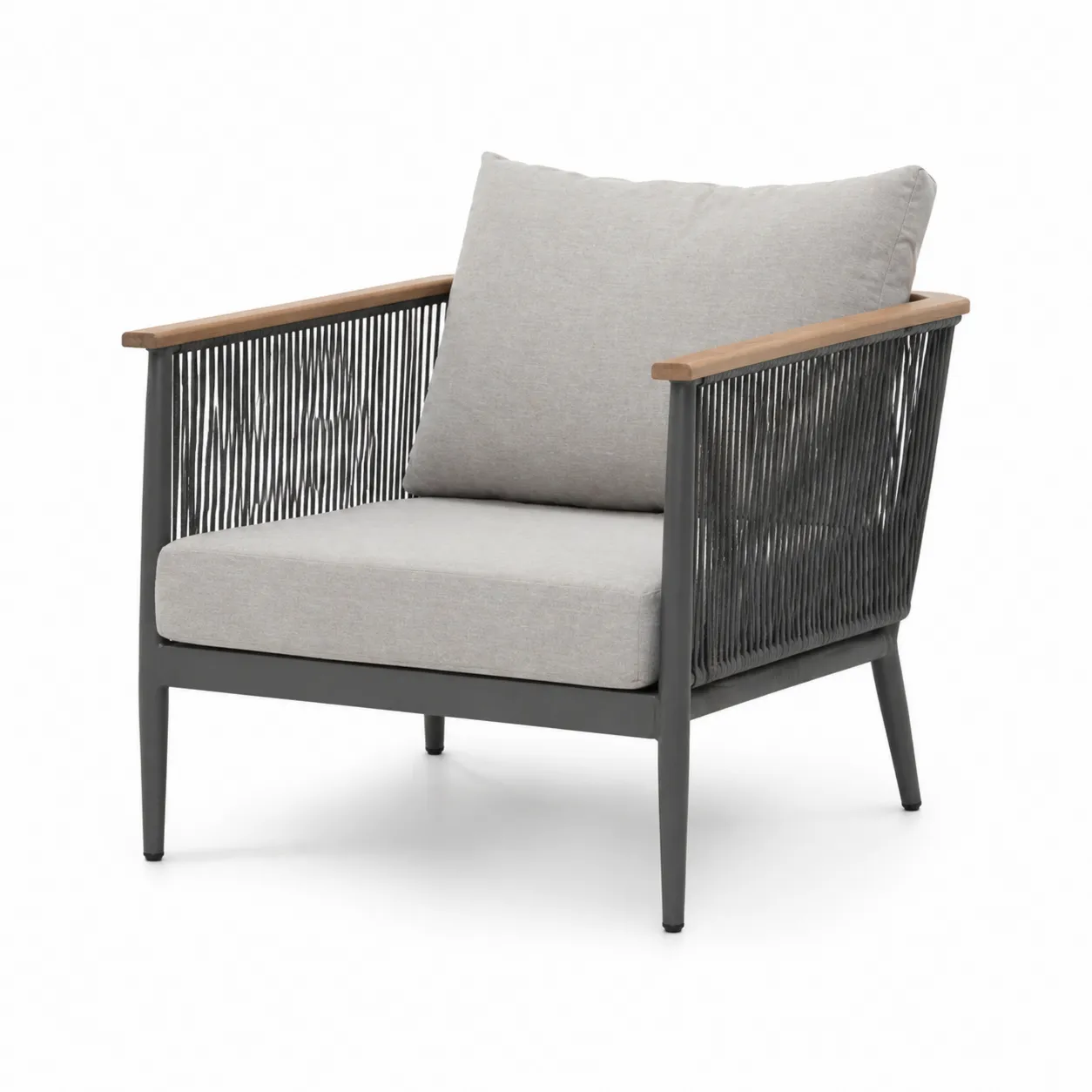 Fauteuil extérieur en aluminium avec accoudoirs en bois d'acacia et coussins gris-Solvicar