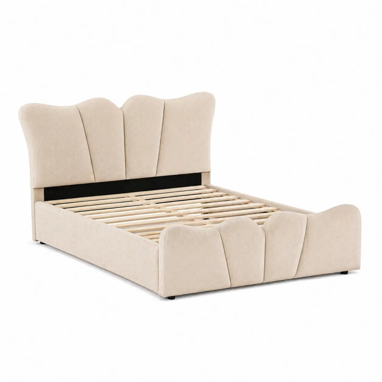 Lit double en bois et tissu beige avec tête de lit ondulée 160x200 cm-Solvicar