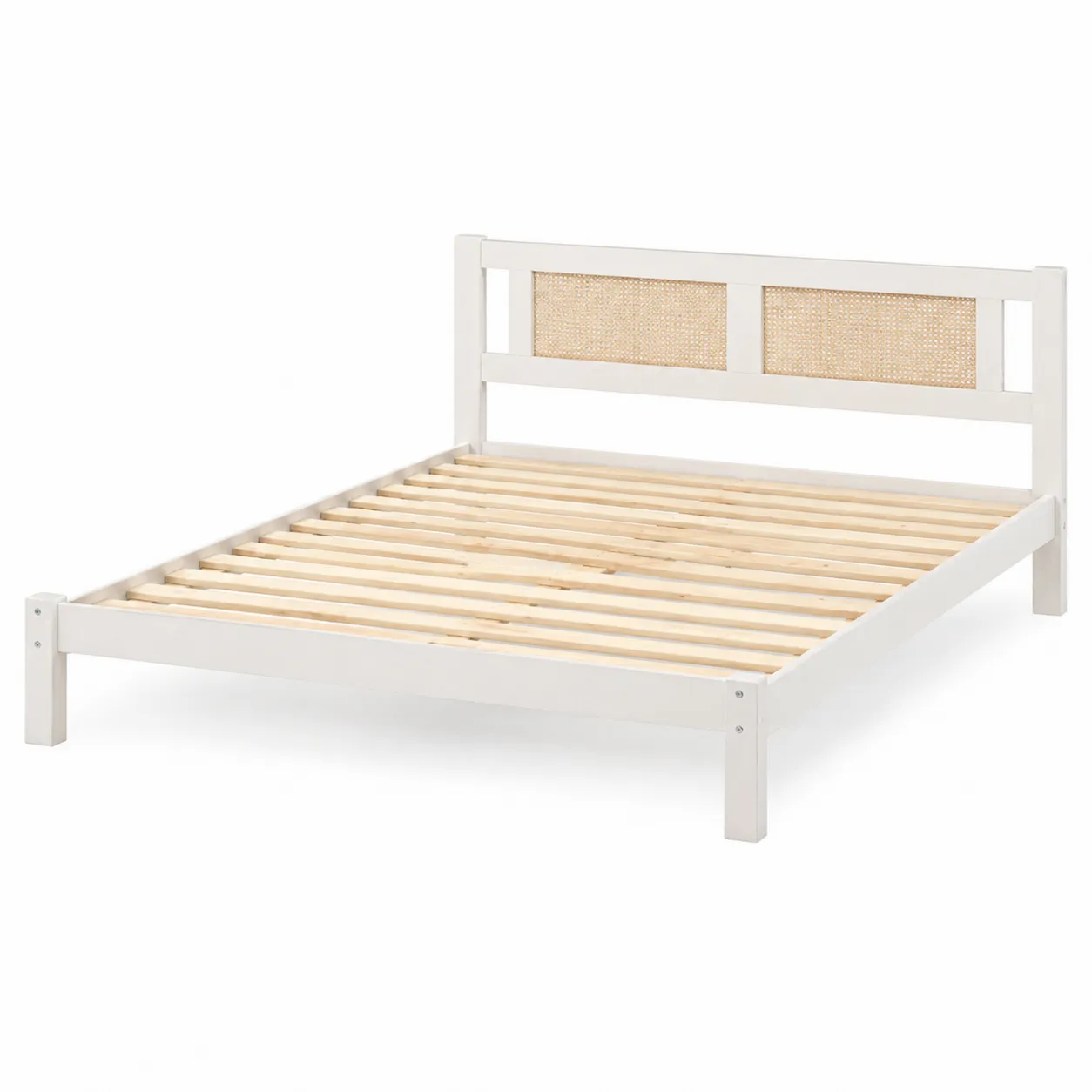 Cadre de lit en bois avec tête de lit en rotin 140x190 cm blanc-Solvicar