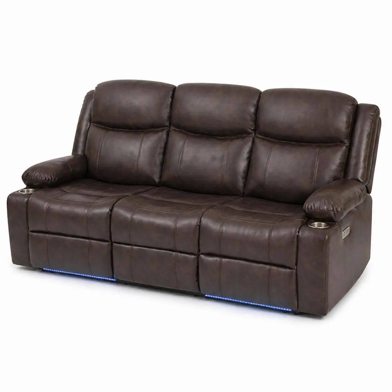 Canapé 3 Places Cuir Synthétique Marron avec Porte-Gobelets et LED-Solvicar