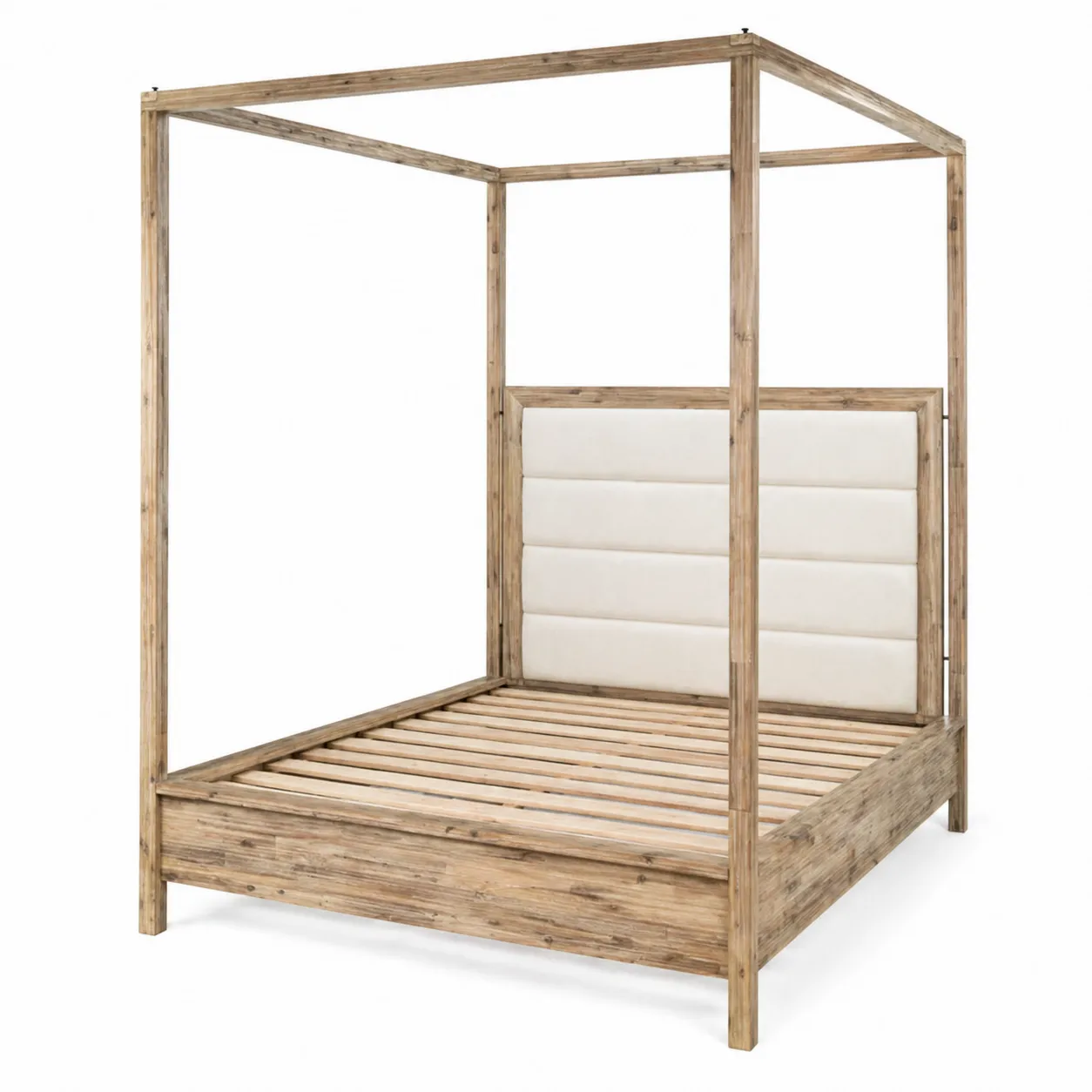 Lit à baldaquin en bois et tissu crème 200x160 cm-Solvicar