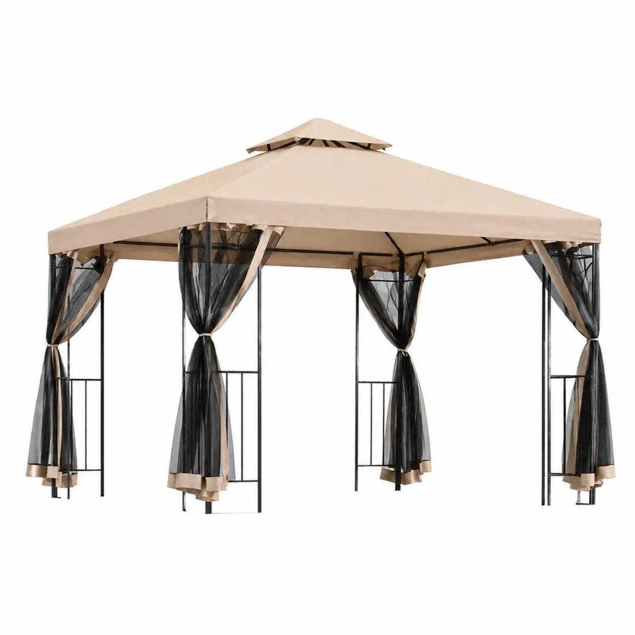 Pavillon de jardin en métal et polyester avec moustiquaire, Beige et Noir-Solvicar