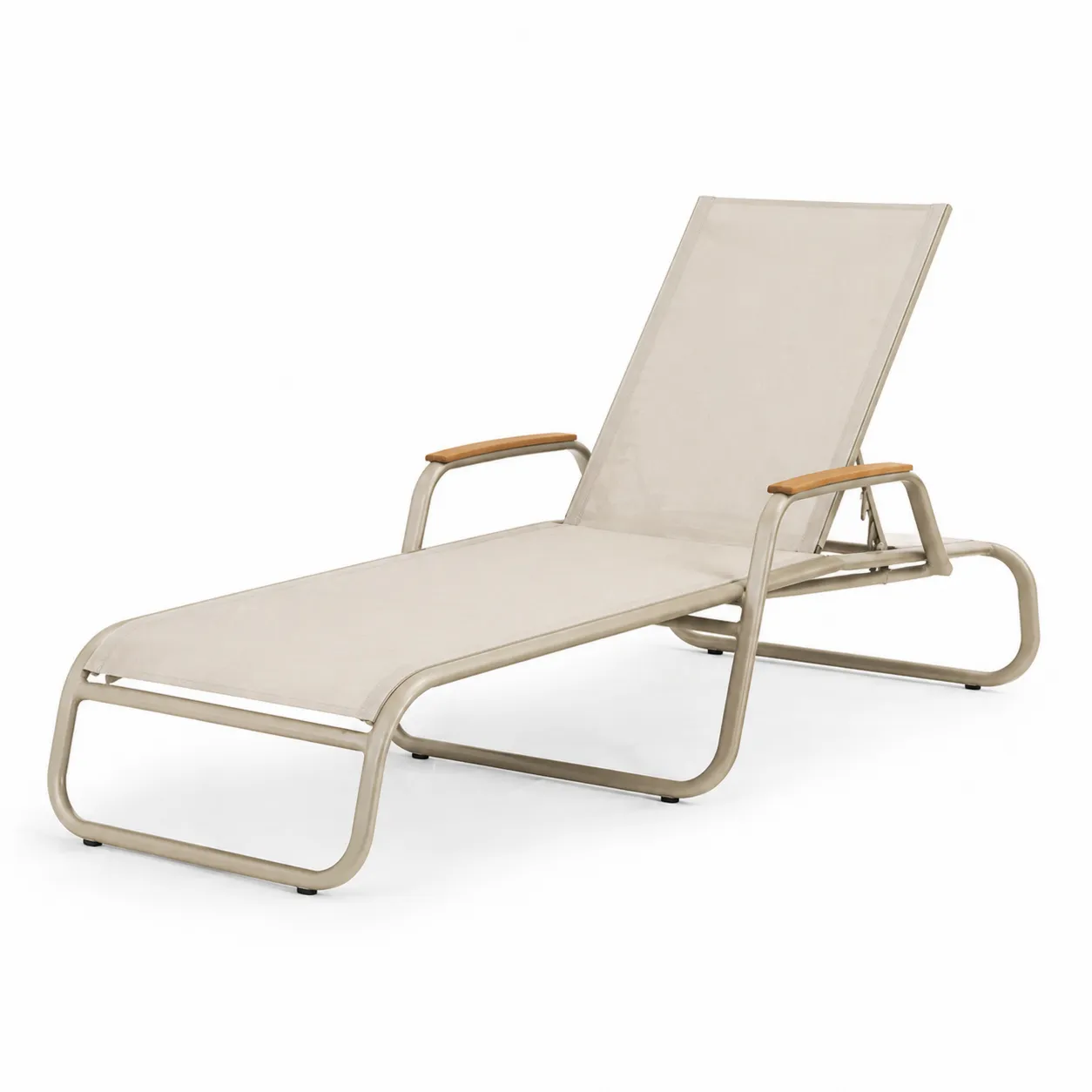 Chaise longue extérieure en aluminium beige avec textilène et accoudoirs en bois-Solvicar