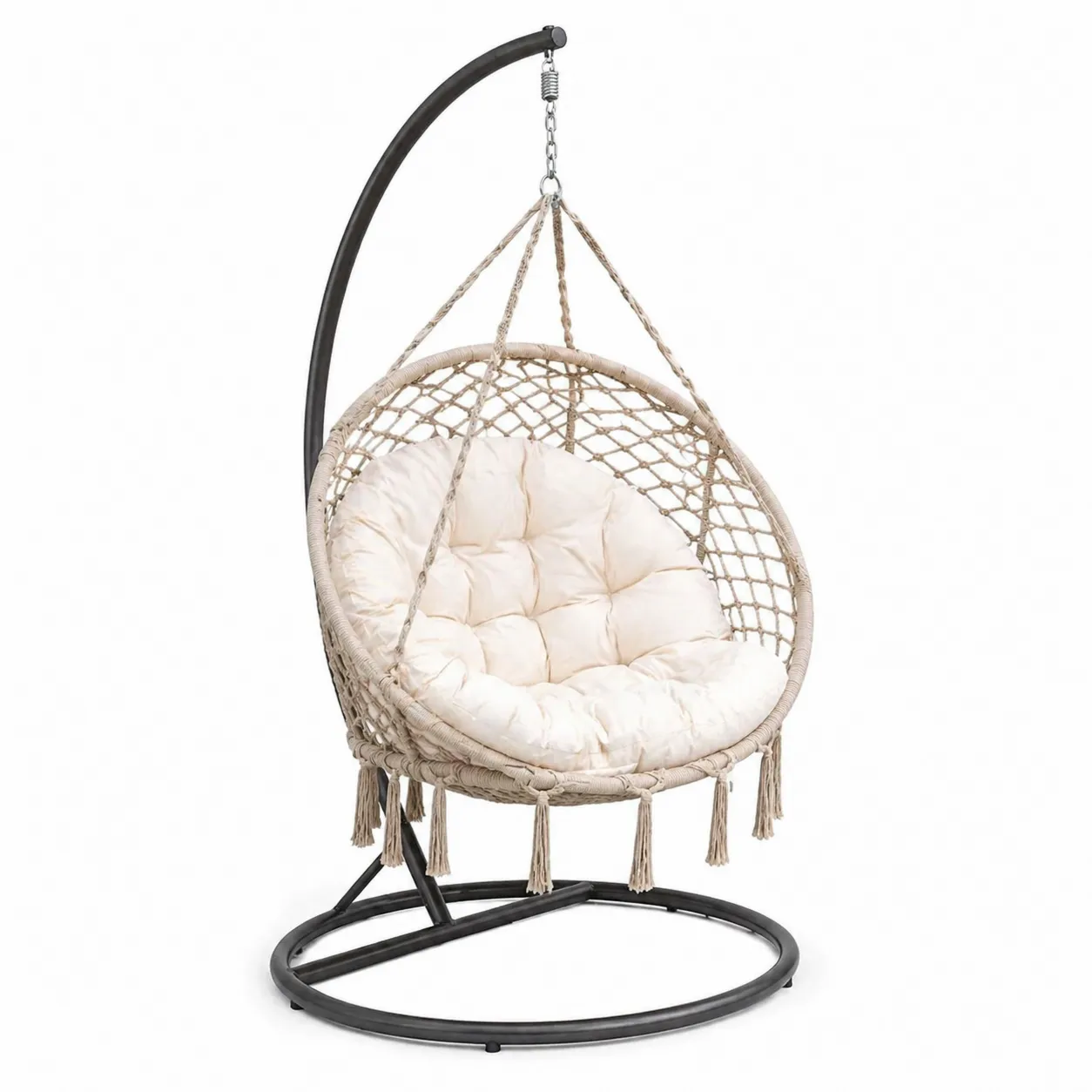 Chaise hamac suspendue en corde avec coussin crème et structure en acier-Solvicar