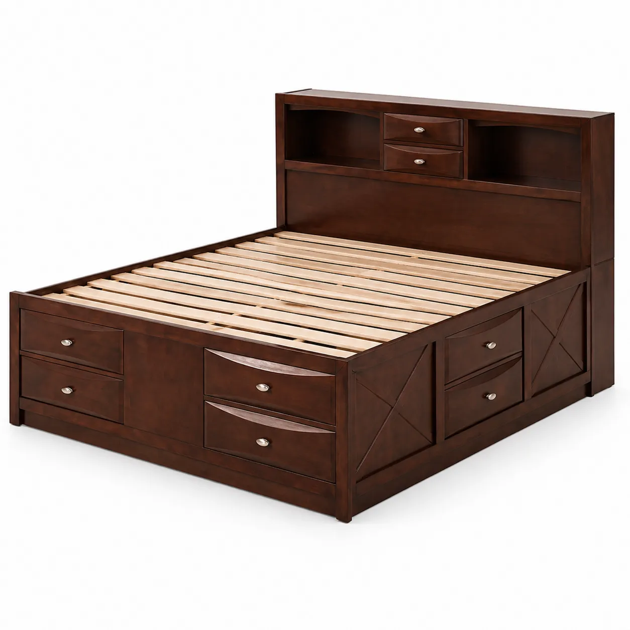 Lit double en bois avec rangement et tête de lit 160x200cm Chêne-Solvicar