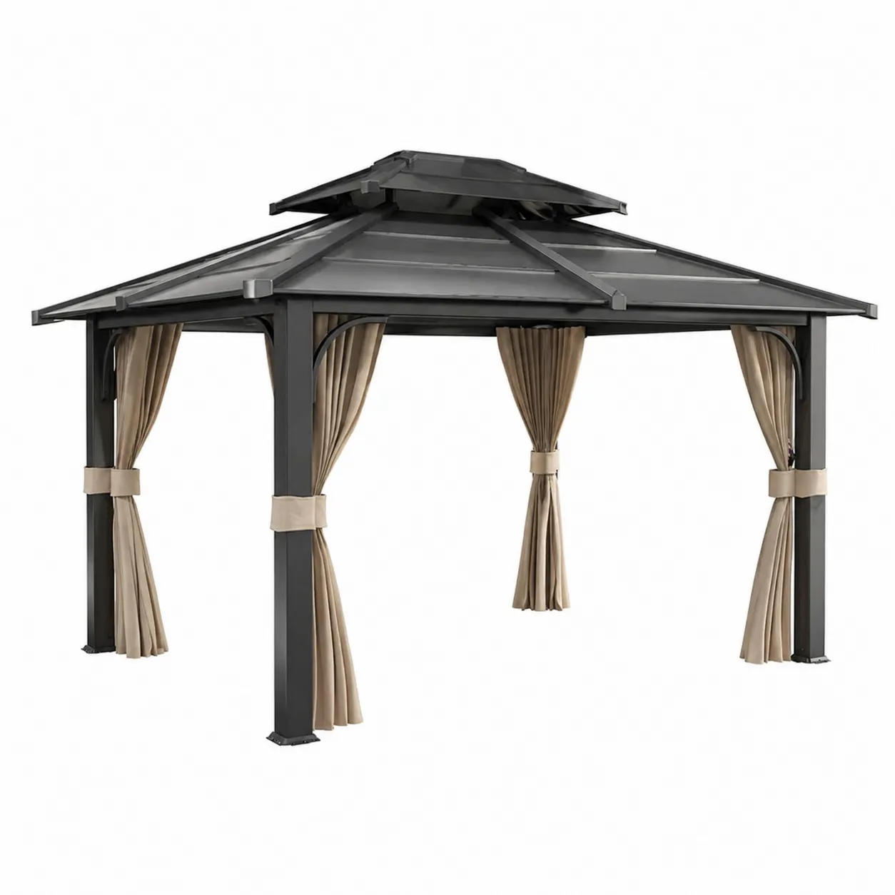 Pavillon de jardin en aluminium avec toit en polycarbonate et rideaux beige-Solvicar