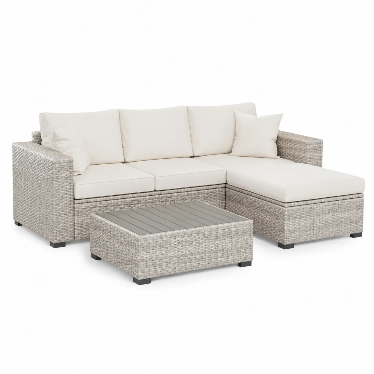 Canapé modulaire en résine tressée avec coussins crème-Solvicar