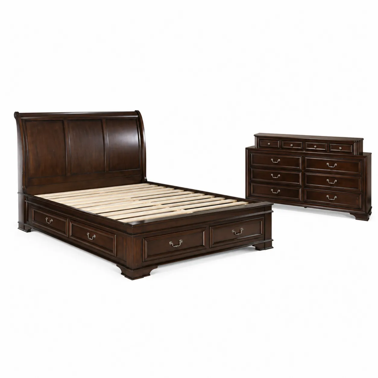 Ensemble de chambre en bois avec lit et commode, Marron-Solvicar