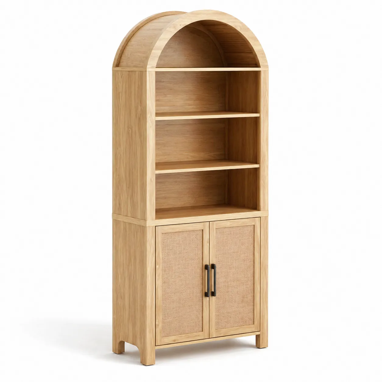 Bibliothèque en bois avec 4 étagères et portes en rotin-Solvicar