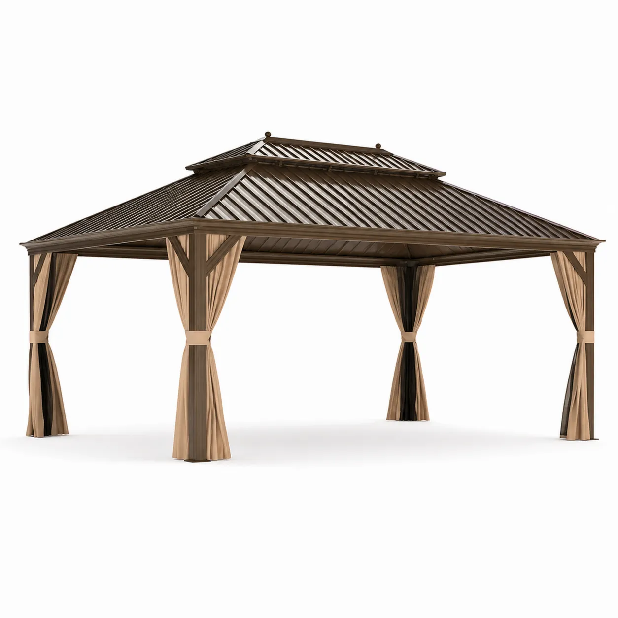 Pavillon de jardin en acier avec toit à double niveau et rideaux marrons-Solvicar