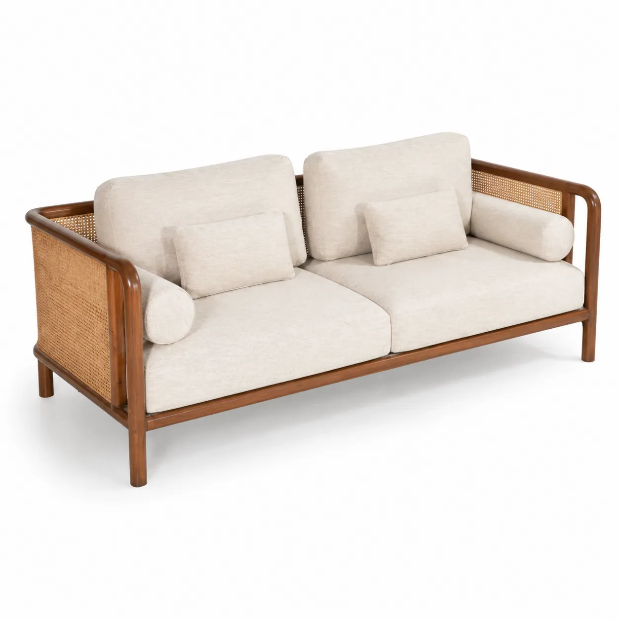 Canapé 3 Places en Bois avec Coussin en Lin Beige et Accoudoirs en Rotin-Solvicar