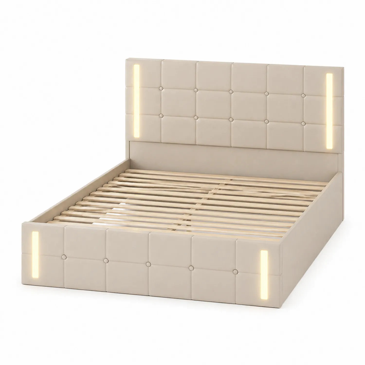 Łóżko tapicerowane ze skóry ekologicznej z oświetleniem LED, beżowe 160x200 cm
