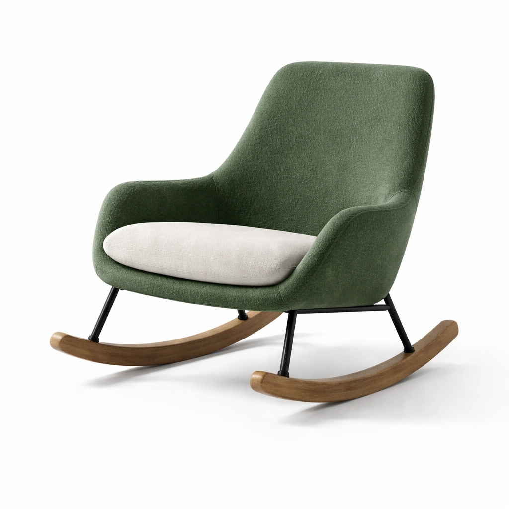 Silla mecedora de tela verde con base de madera y metal-homelioz