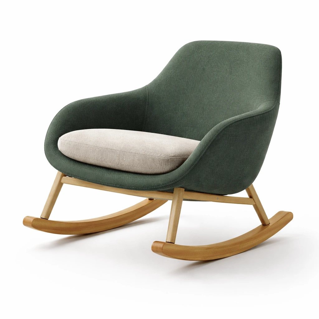Silla mecedora de madera y poliéster verde oscuro con cojín beige-homelioz