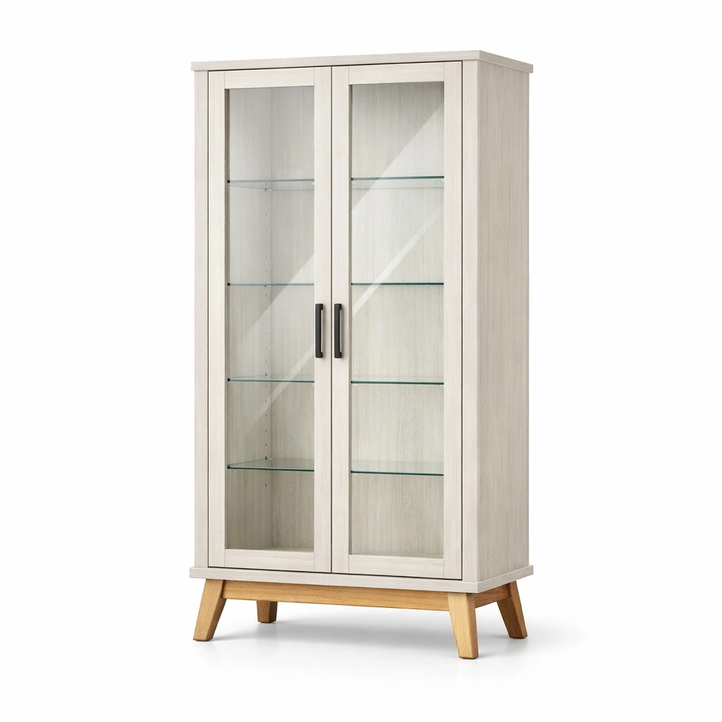 Vitrina de madera y vidrio templado con estantes ajustables blanco roble-homelioz