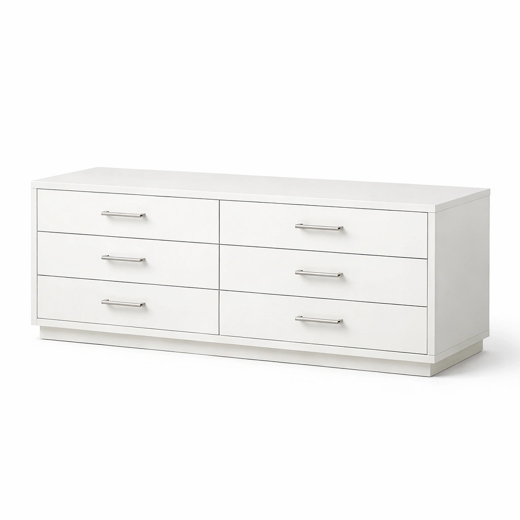 Cómoda de madera blanca con cajones y tiradores metálicos-homelioz