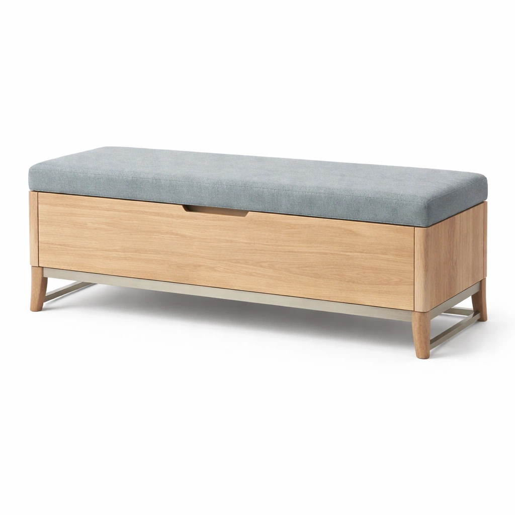 Banco con almacenamiento de madera y tela gris-homelioz
