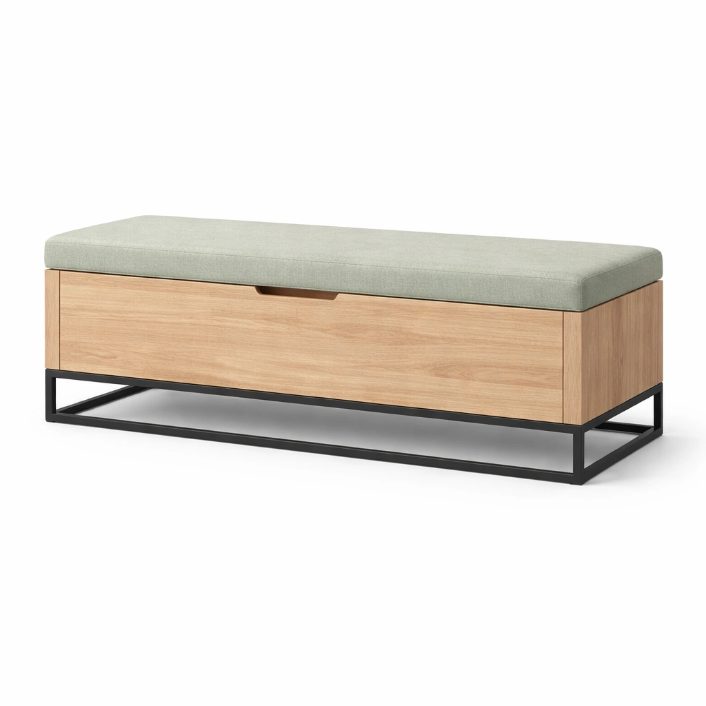 Banco con almacenamiento en madera de roble y metal con tapizado verde 120x42x45 cm-homelioz
