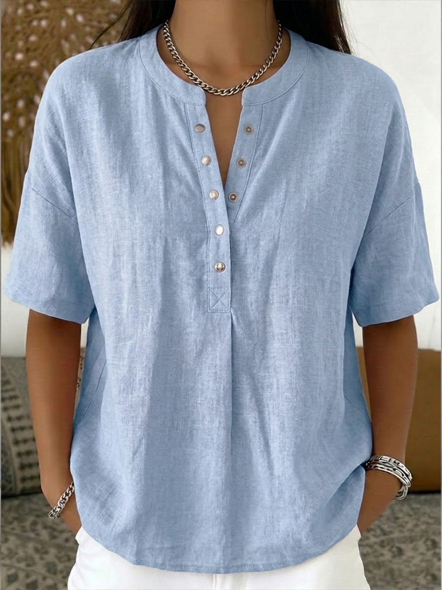 Neu eingetroffen 🔥 Lässiges Damen-Kurzarmshirt mit Henley-Kragen aus Leinen und Baumwolle