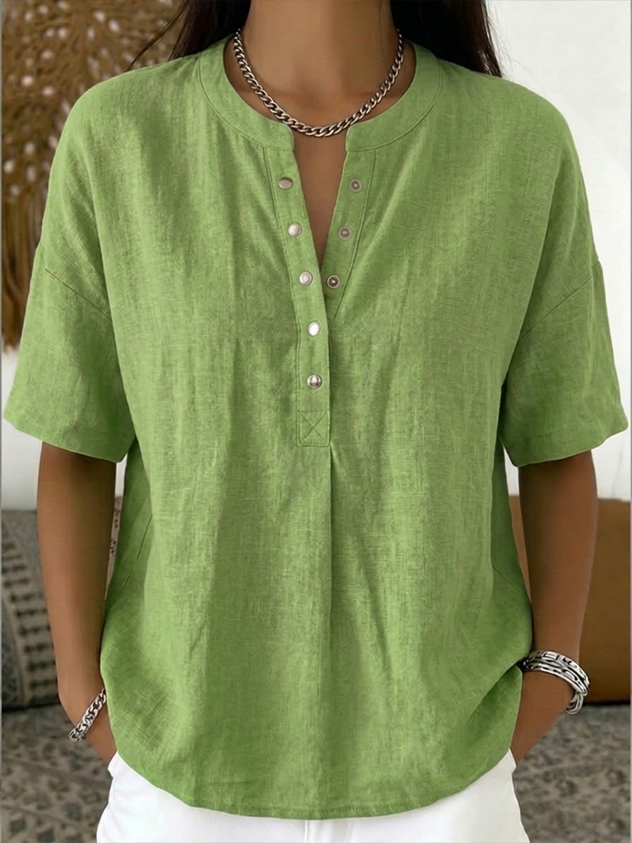 Neu eingetroffen 🔥 Lässiges Damen-Kurzarmshirt mit Henley-Kragen aus Leinen und Baumwolle