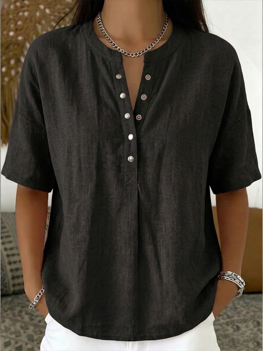 Neu eingetroffen 🔥 Lässiges Damen-Kurzarmshirt mit Henley-Kragen aus Leinen und Baumwolle