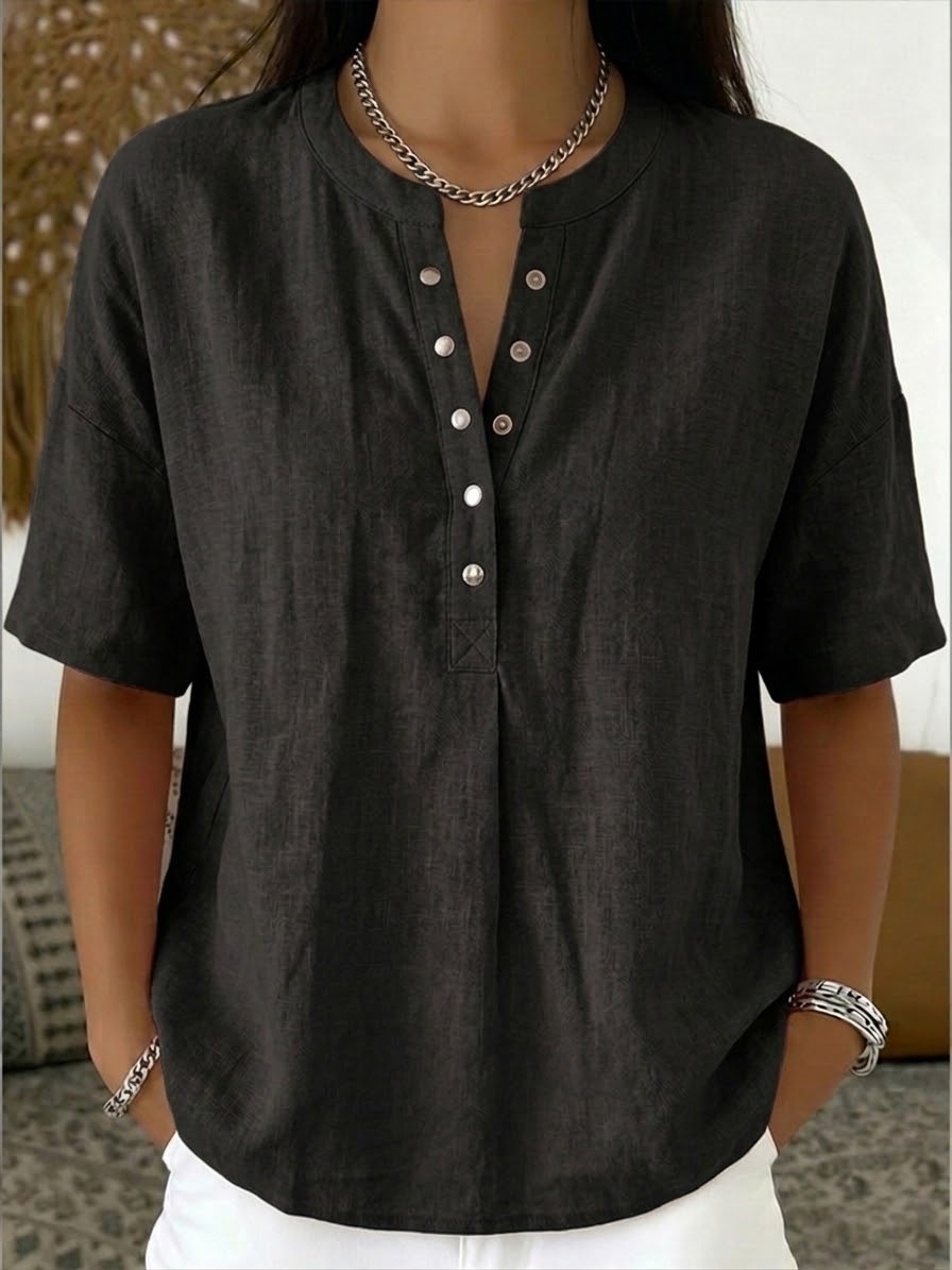 Neu eingetroffen 🔥 Lässiges Damen-Kurzarmshirt mit Henley-Kragen aus Leinen und Baumwolle