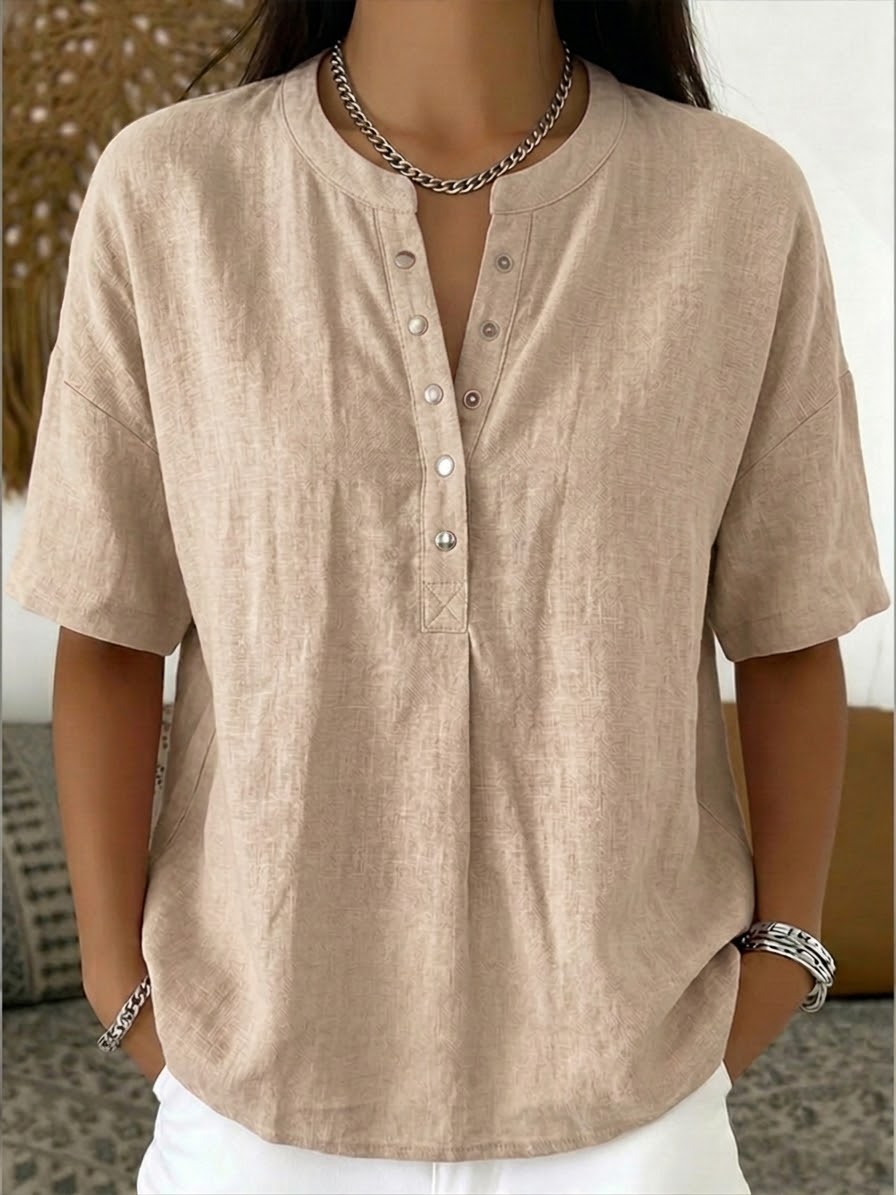 Neu eingetroffen 🔥 Lässiges Damen-Kurzarmshirt mit Henley-Kragen aus Leinen und Baumwolle