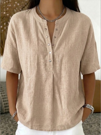 Neu eingetroffen 🔥 Lässiges Damen-Kurzarmshirt mit Henley-Kragen aus Leinen und Baumwolle