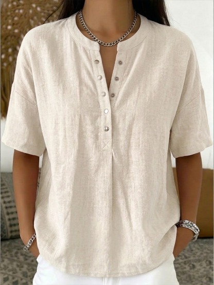 Neu eingetroffen 🔥 Lässiges Damen-Kurzarmshirt mit Henley-Kragen aus Leinen und Baumwolle