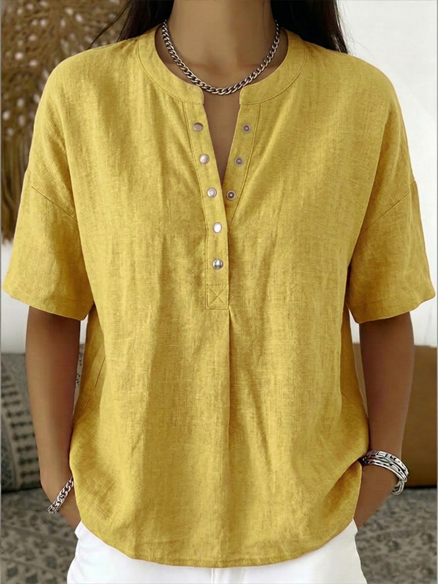 Neu eingetroffen 🔥 Lässiges Damen-Kurzarmshirt mit Henley-Kragen aus Leinen und Baumwolle