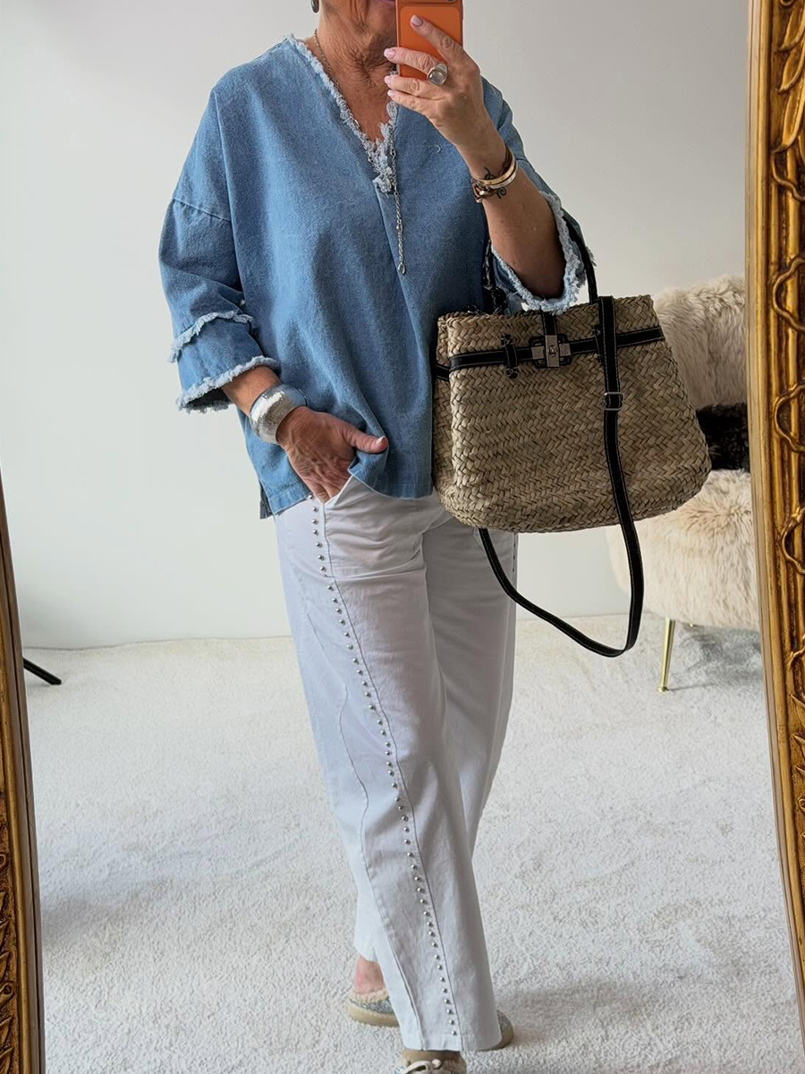 Mother's Day Gift❤️Frayed Edge Denim Casual Blouse