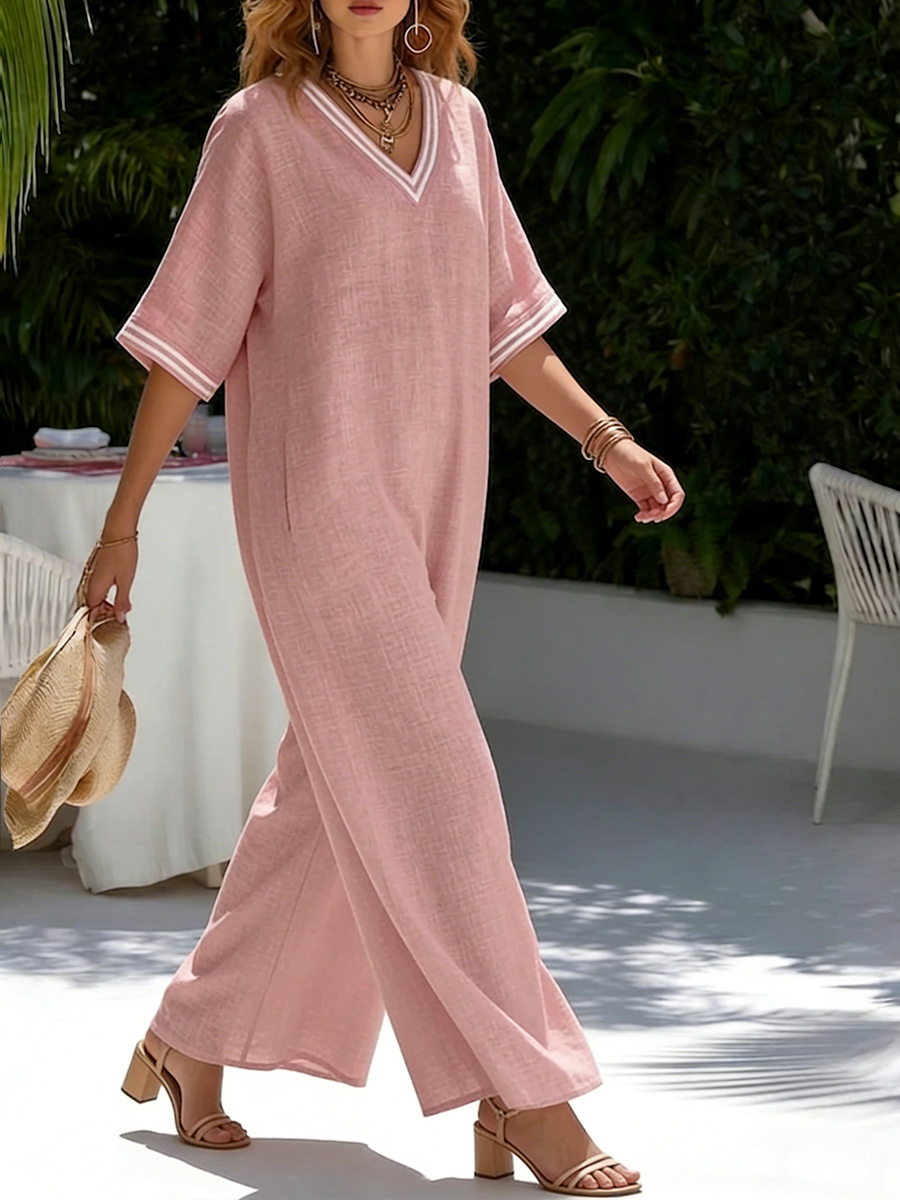 New Arrivals🔥 Cozy Loose-fit V Neck Striped Cotton Linen Jumpsuit