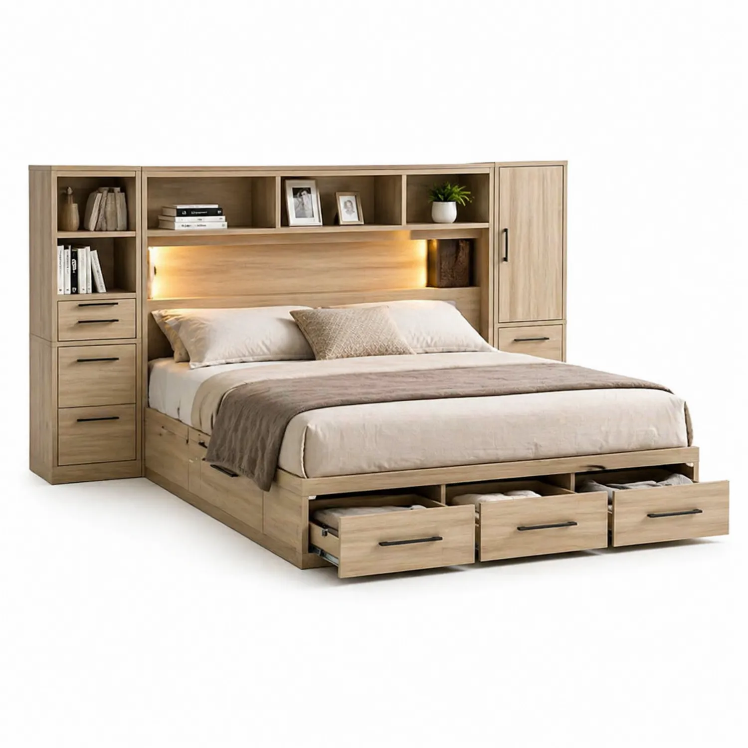 Bett aus Eichenholz mit Schubladen und Regal 200x160 cm