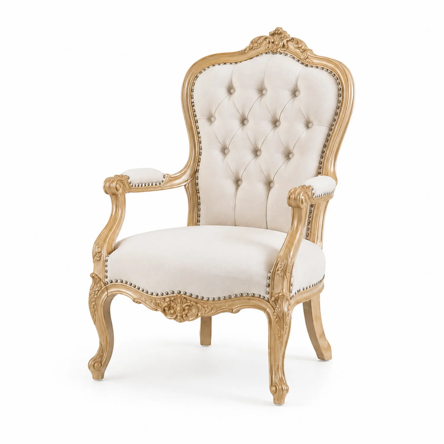 Barock Sessel Massivholz Leinen Beige