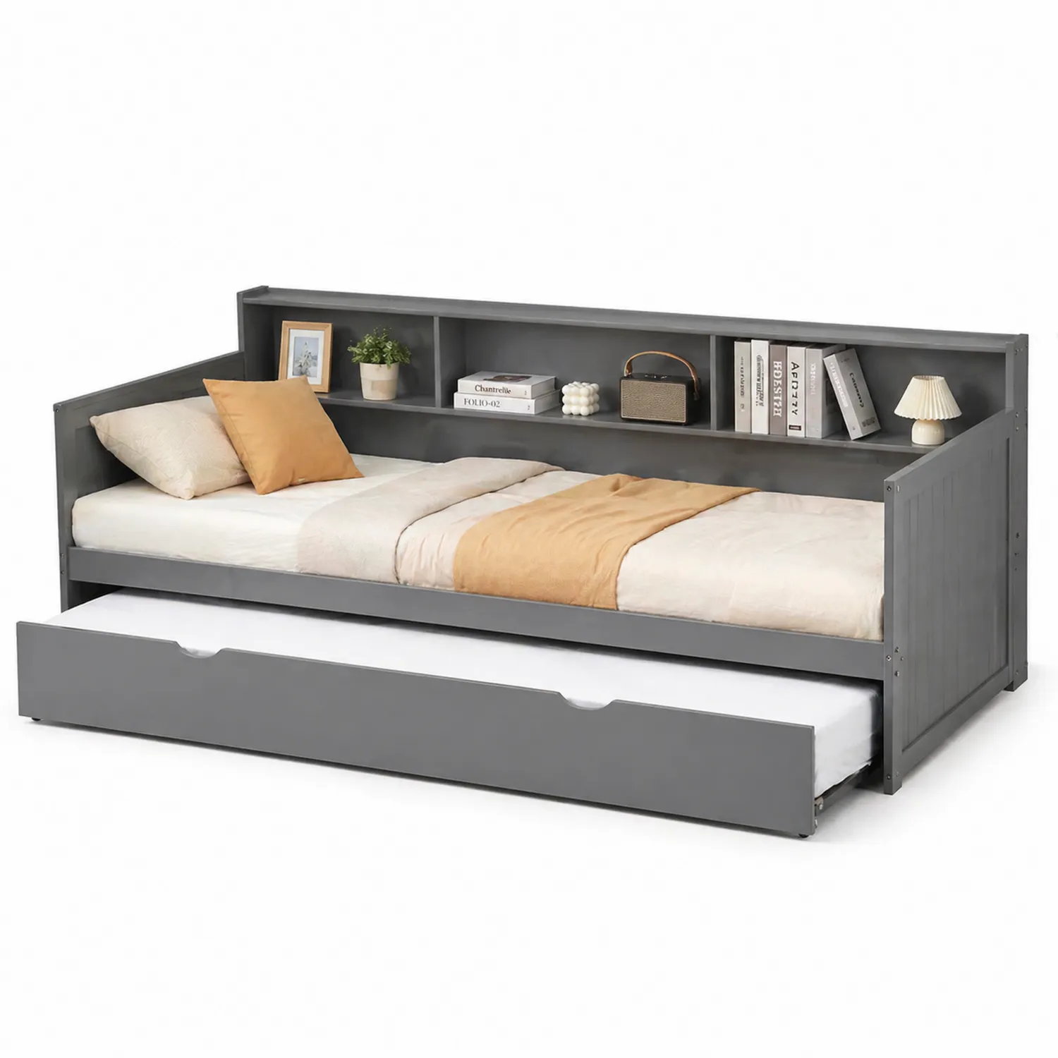 Tagesbett aus Kiefernholz Grau mit Regal und Ausziehbett