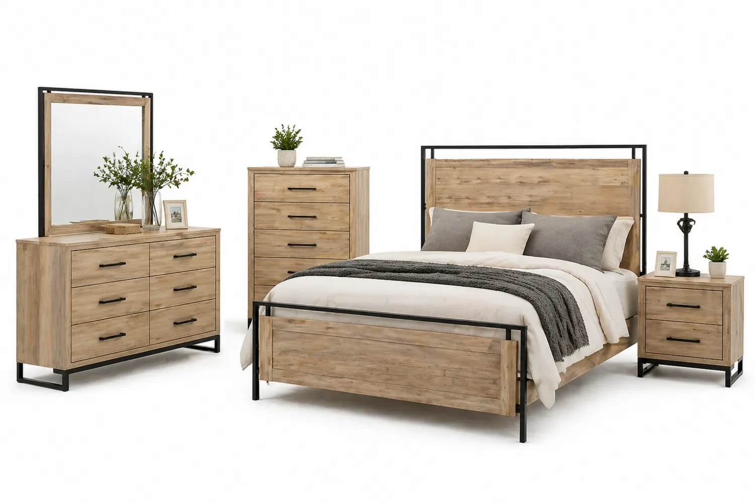 Schlafzimmer-Set aus Holz und Metall mit Bett, Kommode, Nachttisch und Spiegel, Helles Holz/Schwarz