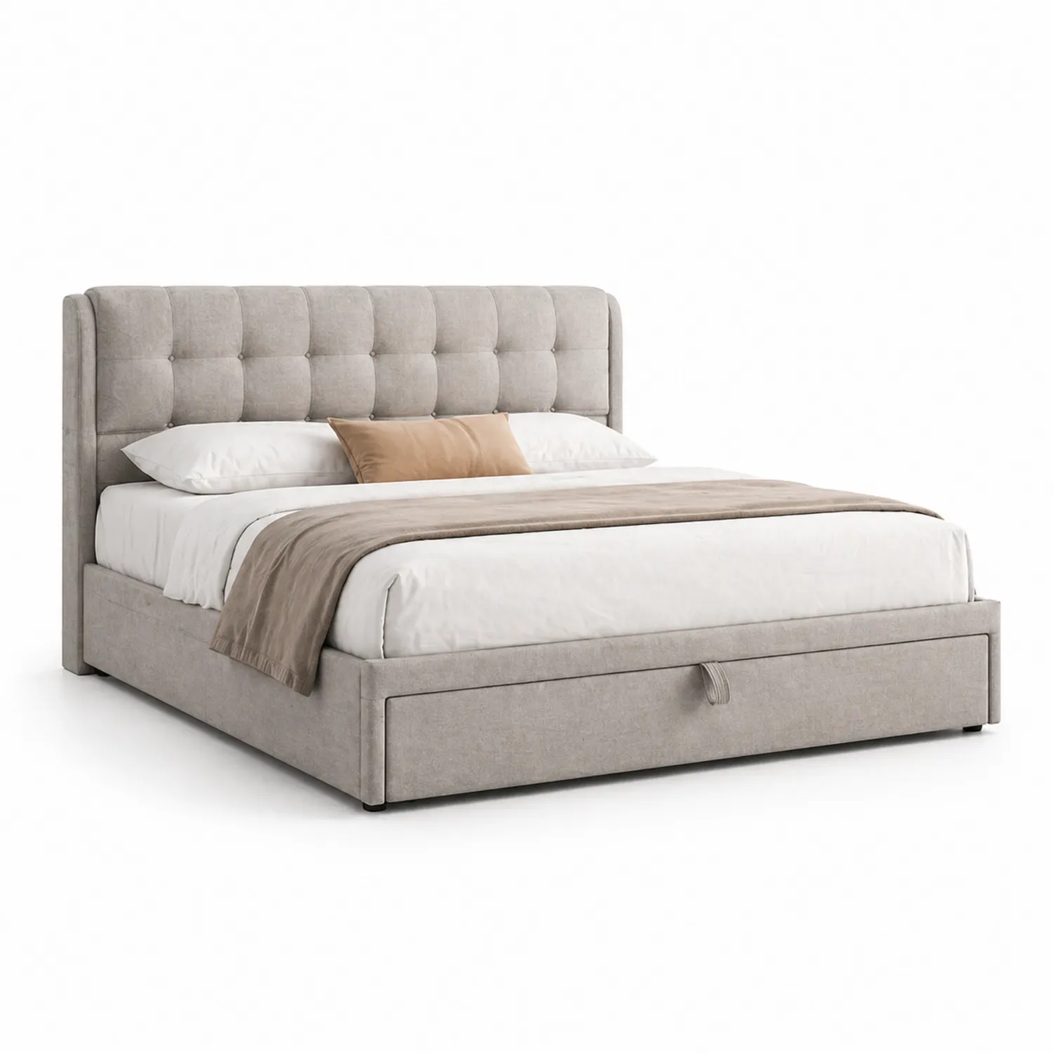 Gepolstertes Bett mit Stauraum aus Polyestergewebe 200x180cm Beige