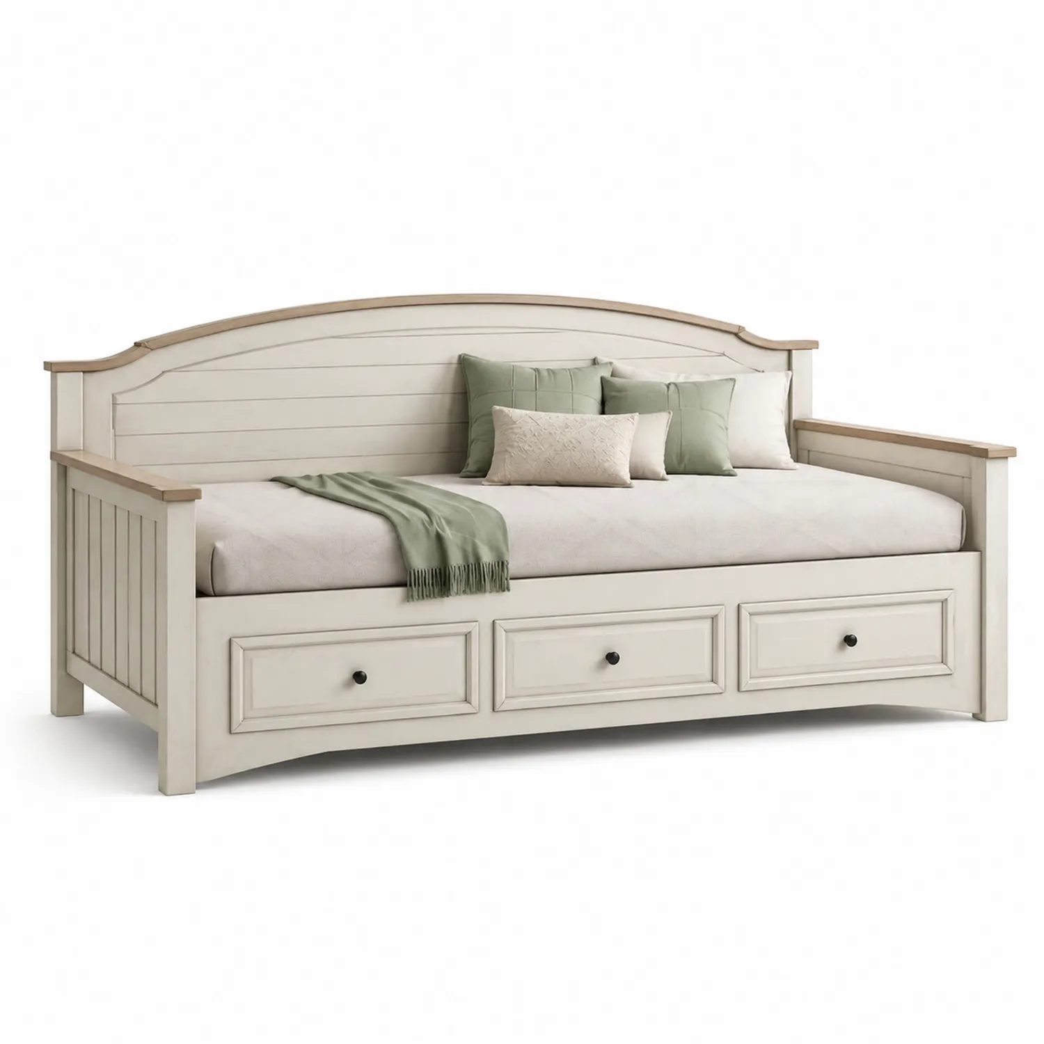 Holz Tagesbett mit Schubladen und Kissen Creme