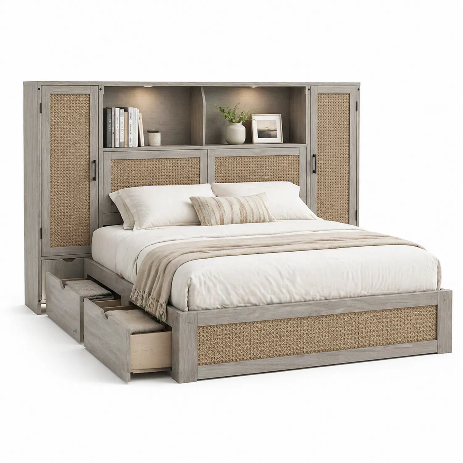 Bett aus Kiefernholz mit Stauraum und Rattan Grau 200x180 cm