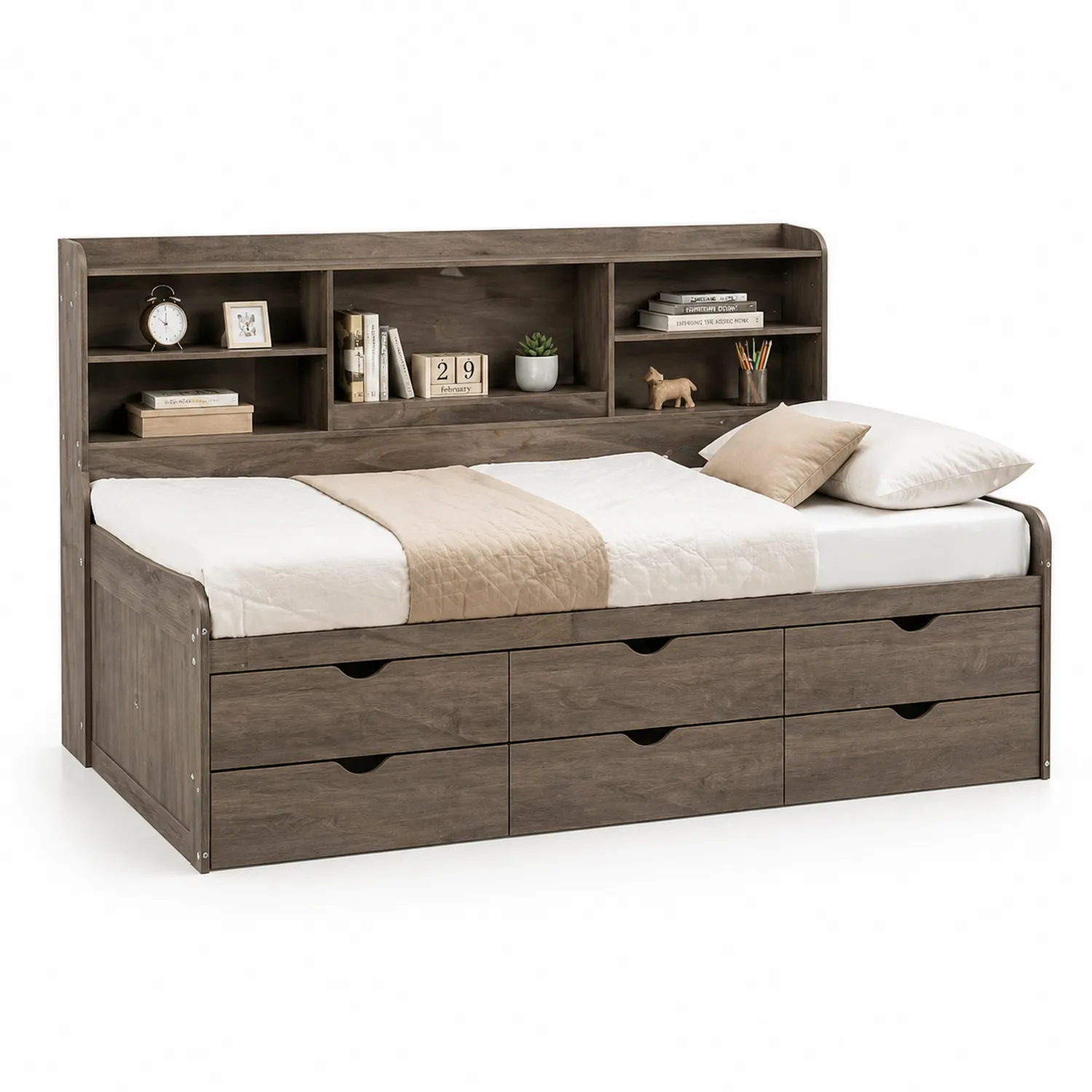 Holzbett mit Stauraum, Bücherregal und Schubladen 200x90 cm Eiche Braun