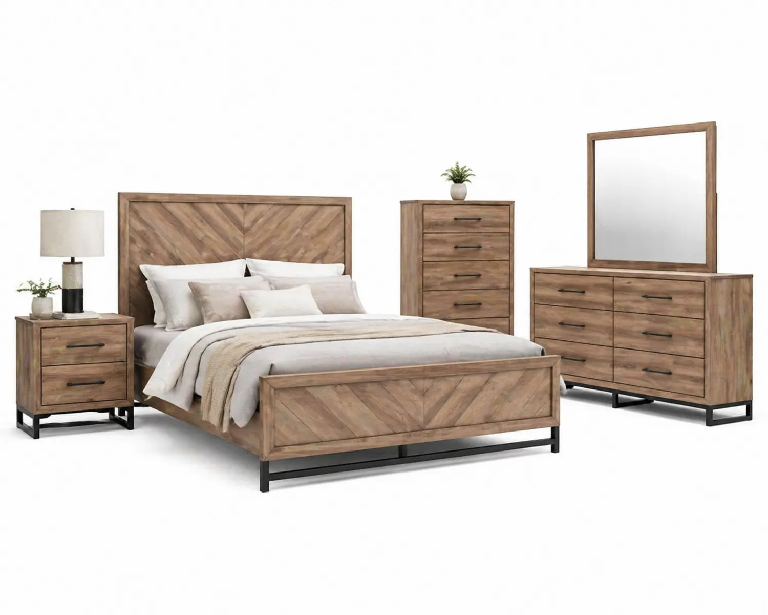 Holz Schlafzimmer-Set mit Bett 200x180 cm, Kommode und Nachttisch, Braun