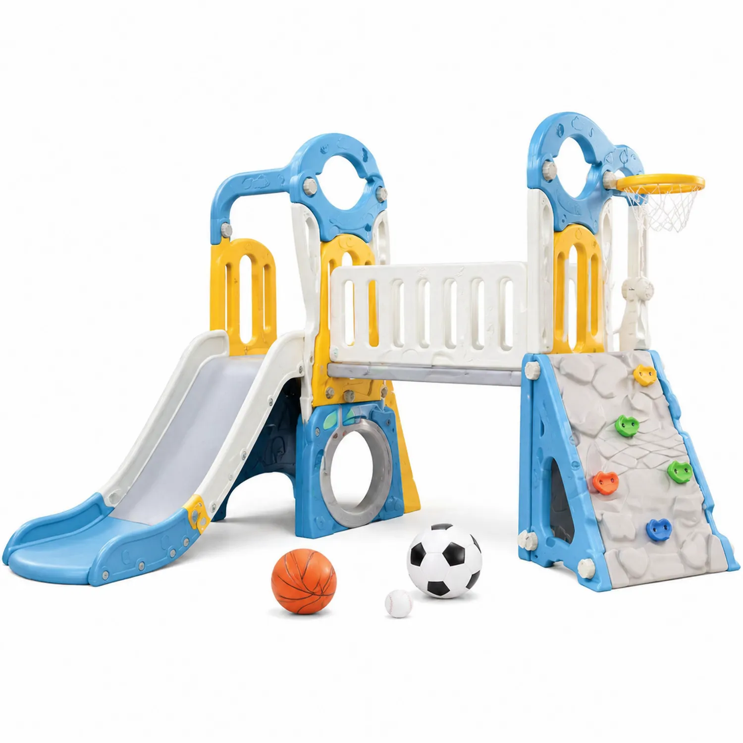 Kinderspielplatz mit Rutsche und Kletterwand aus Kunststoff Blau/Gelb/Weiß