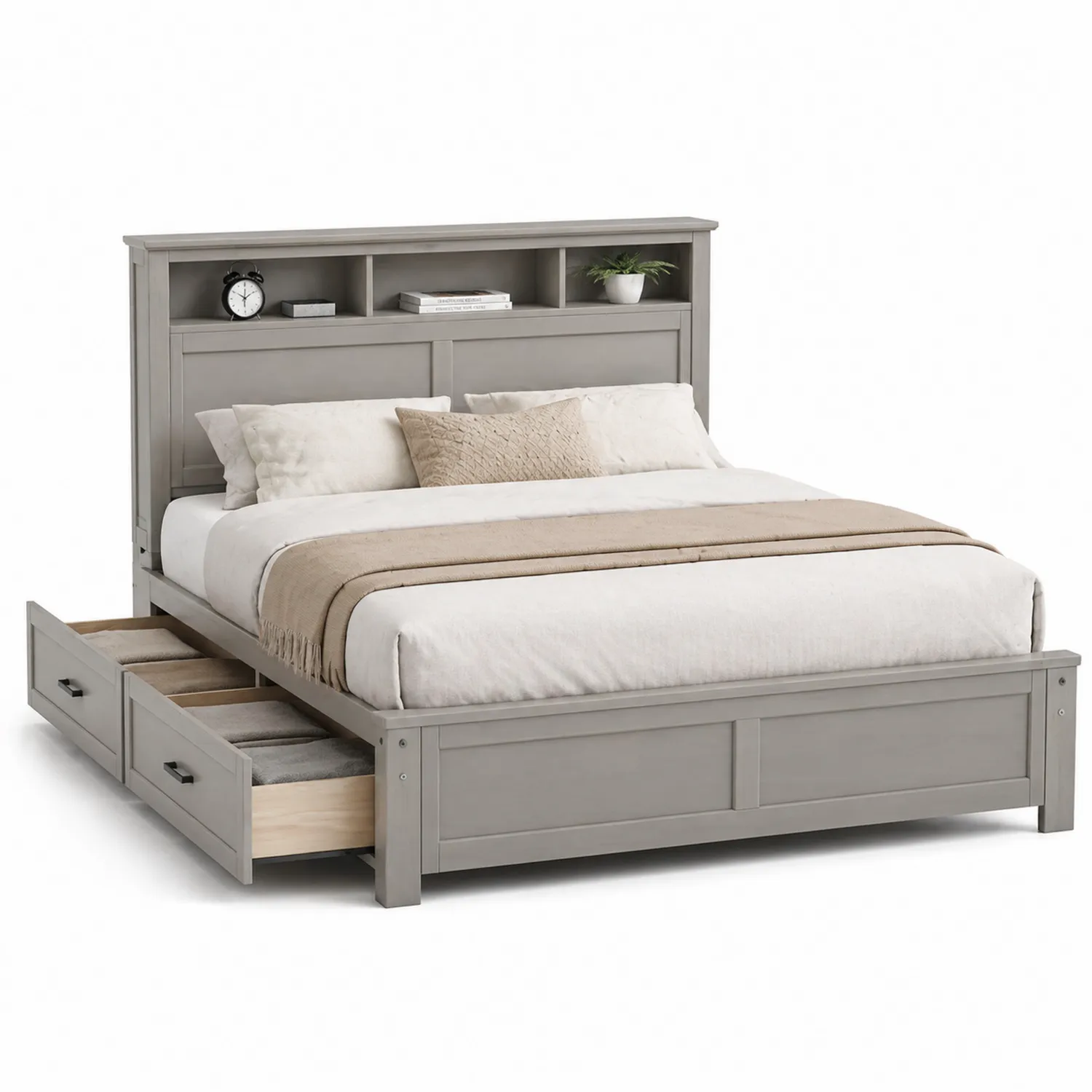 Holzbett mit Schubladen und Regal 200x160 cm Grau