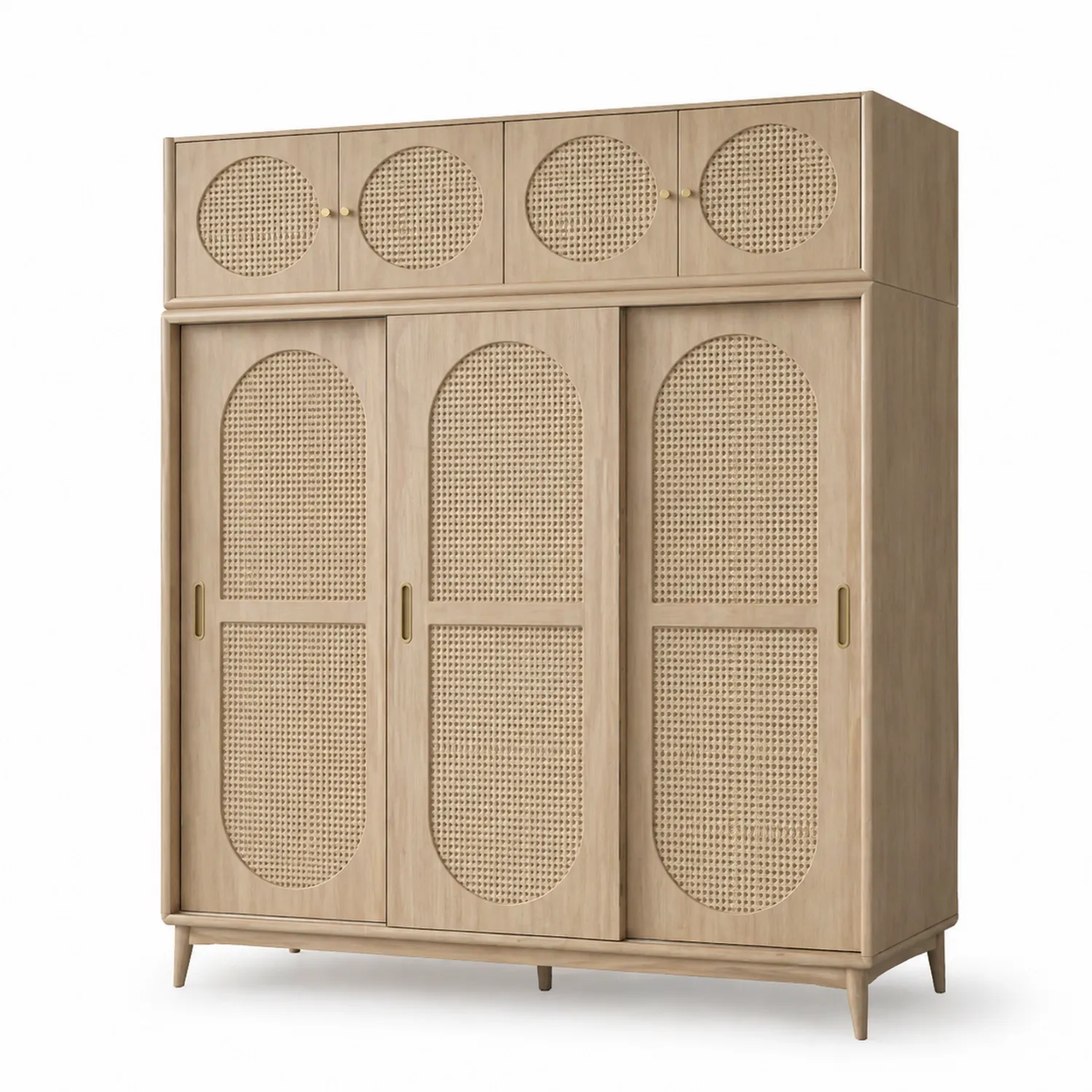 Holz Kleiderschrank mit Rattangeflecht und Schiebetüren 200x150x60 cm Beige