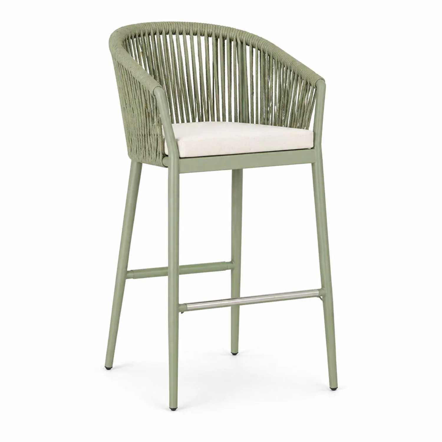 Barhocker aus Aluminium mit Rattanseil und Kissen Grün 108cm